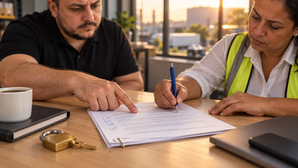 Léo aponta um item do contrato do site enquanto a dona da distribuidora segura a caneta, com um cadeado e sua chave sobre a mesa
