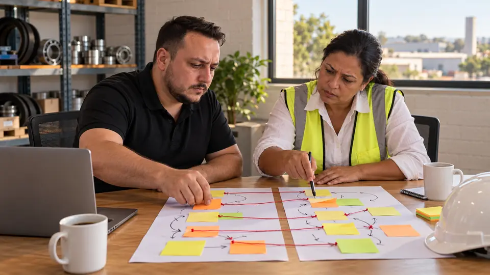 Léo e a dona da distribuidora montam sobre a mesa um mapa de páginas antigas e novas com folhas, post-its e barbante