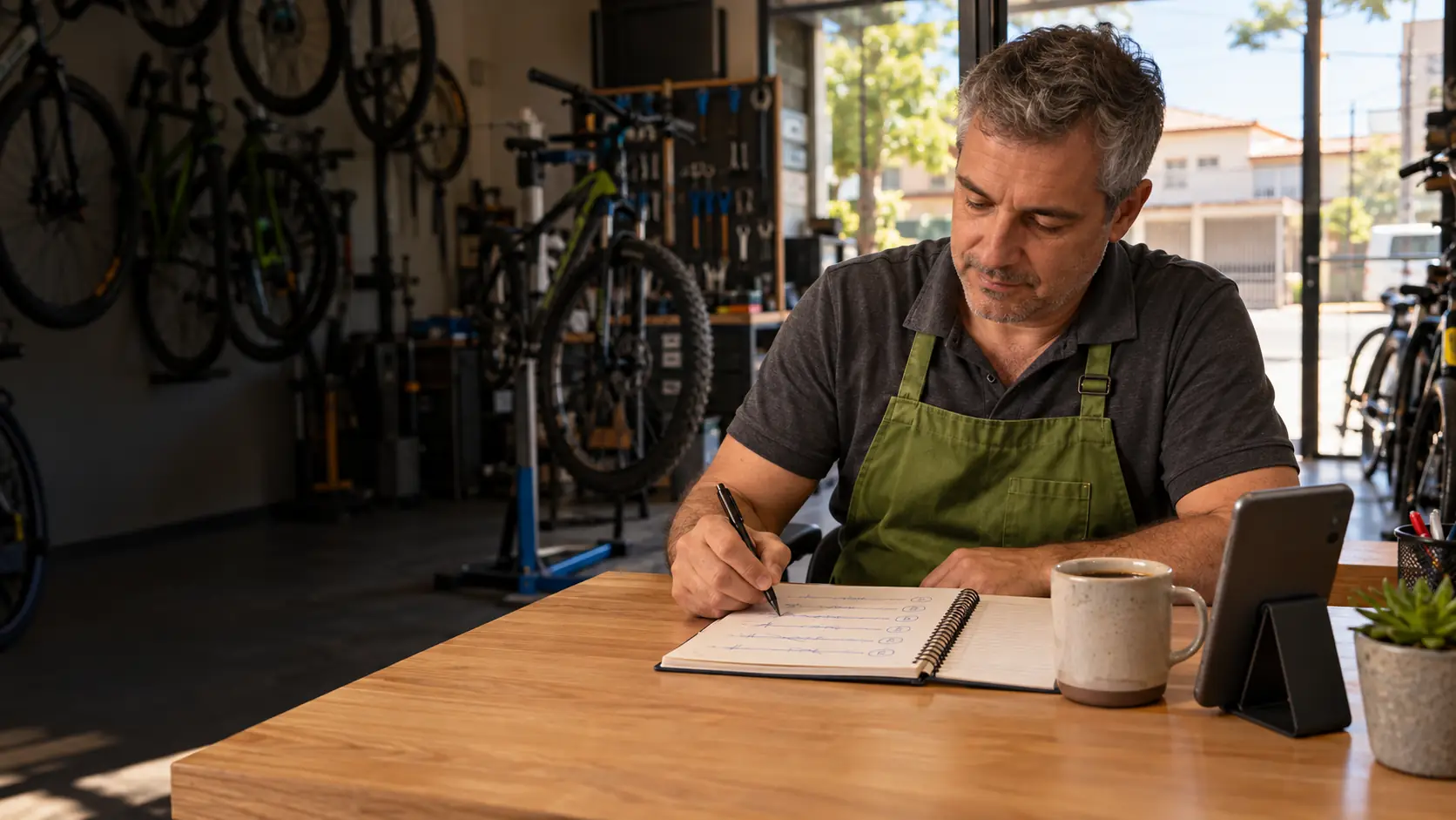Dono de uma loja de bicicletas de bairro anota à mão uma lista de prioridades num caderno, com o celular apoiado ao lado