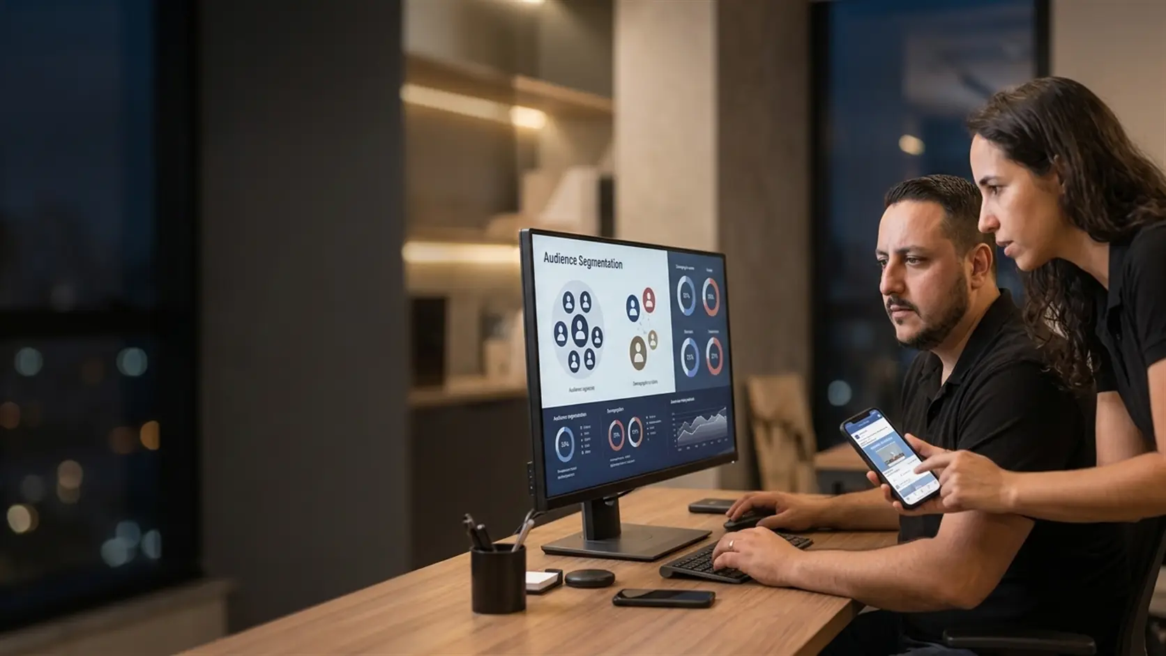 Léo e Lari analisando no monitor um painel de segmentação de público enquanto a Lari mostra um anúncio no celular
