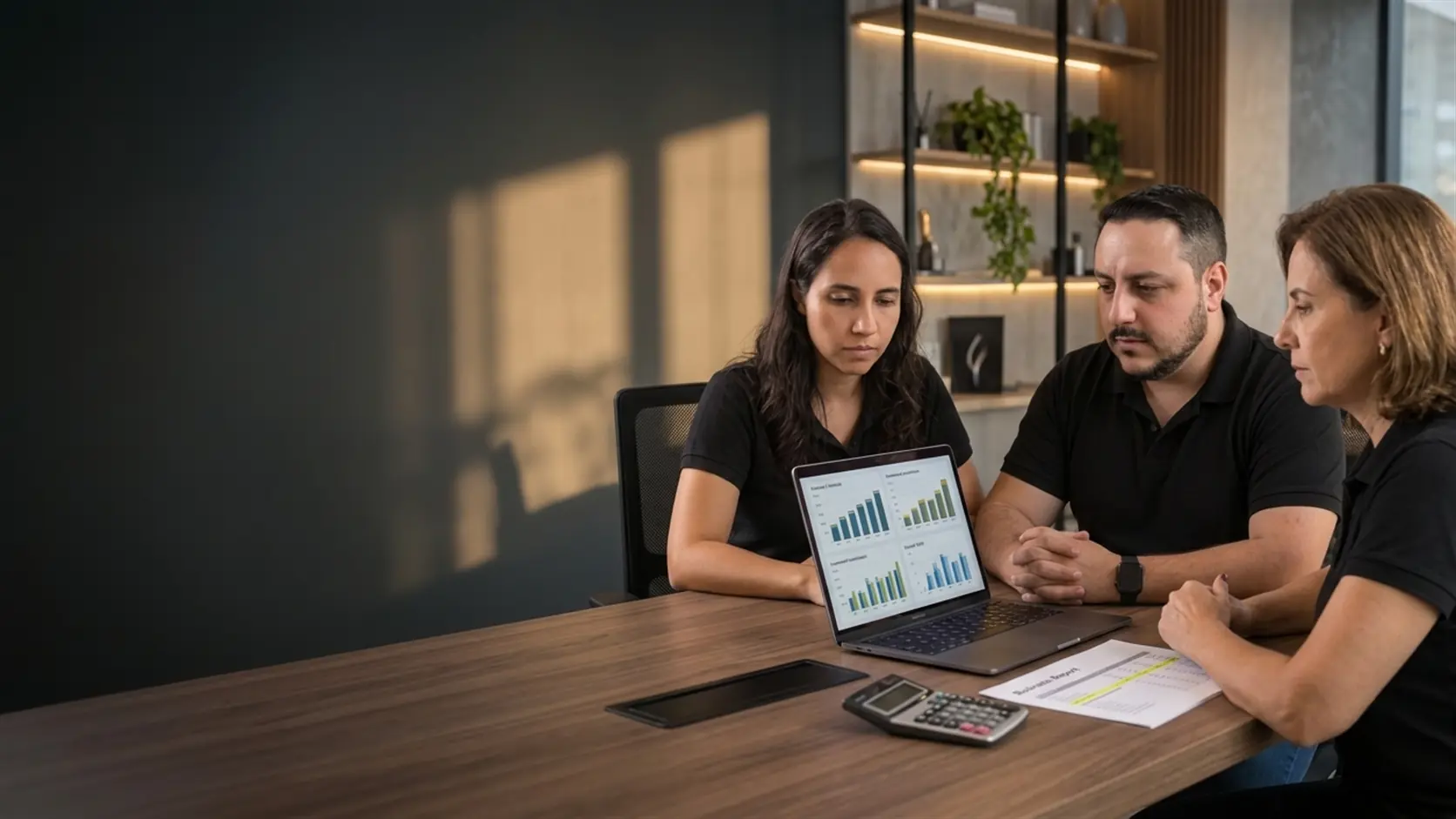 Lari e Léo revisando com uma empresária um painel de investimento e faturamento no notebook