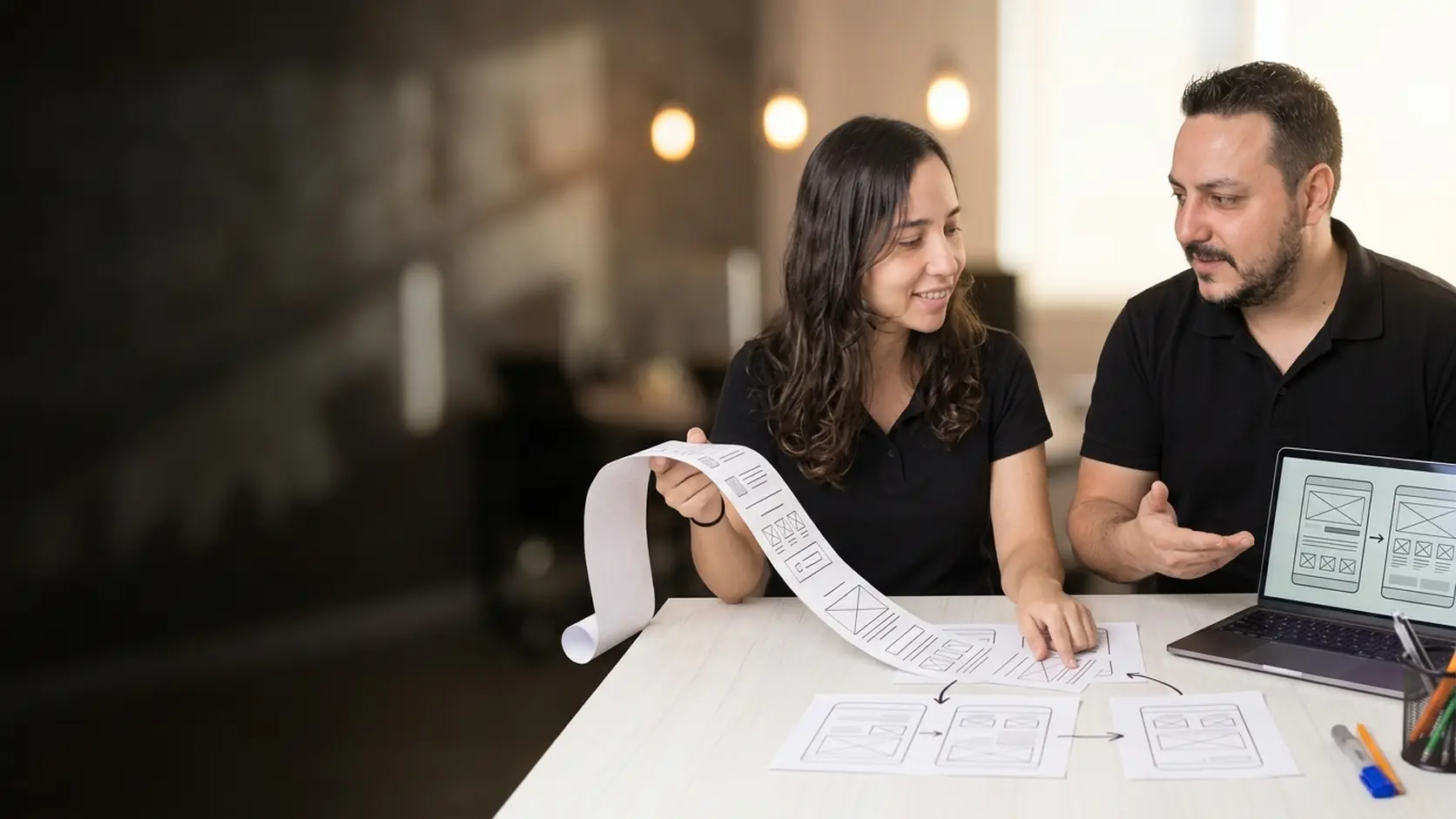 Lari mostrando uma longa folha de wireframes enquanto Léo explica, com um esboço de página no notebook