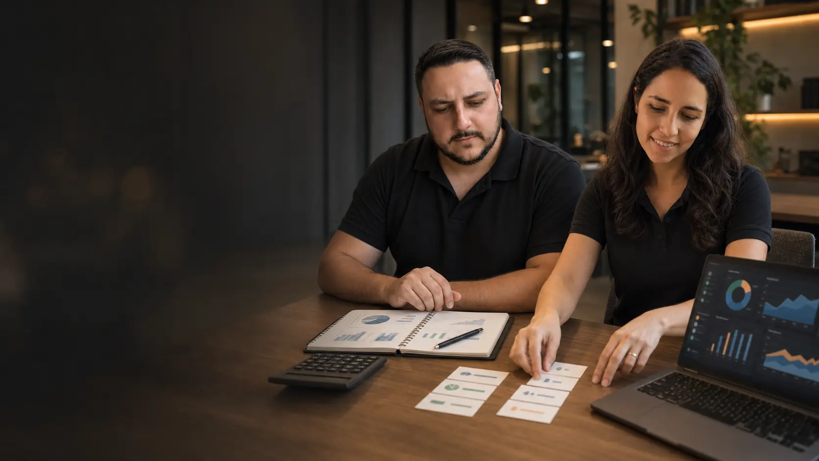 Léo e Lari com calculadora, caderno de orçamento e gráficos de investimento em anúncios no notebook, com a Lari organizando cartões sobre a mesa