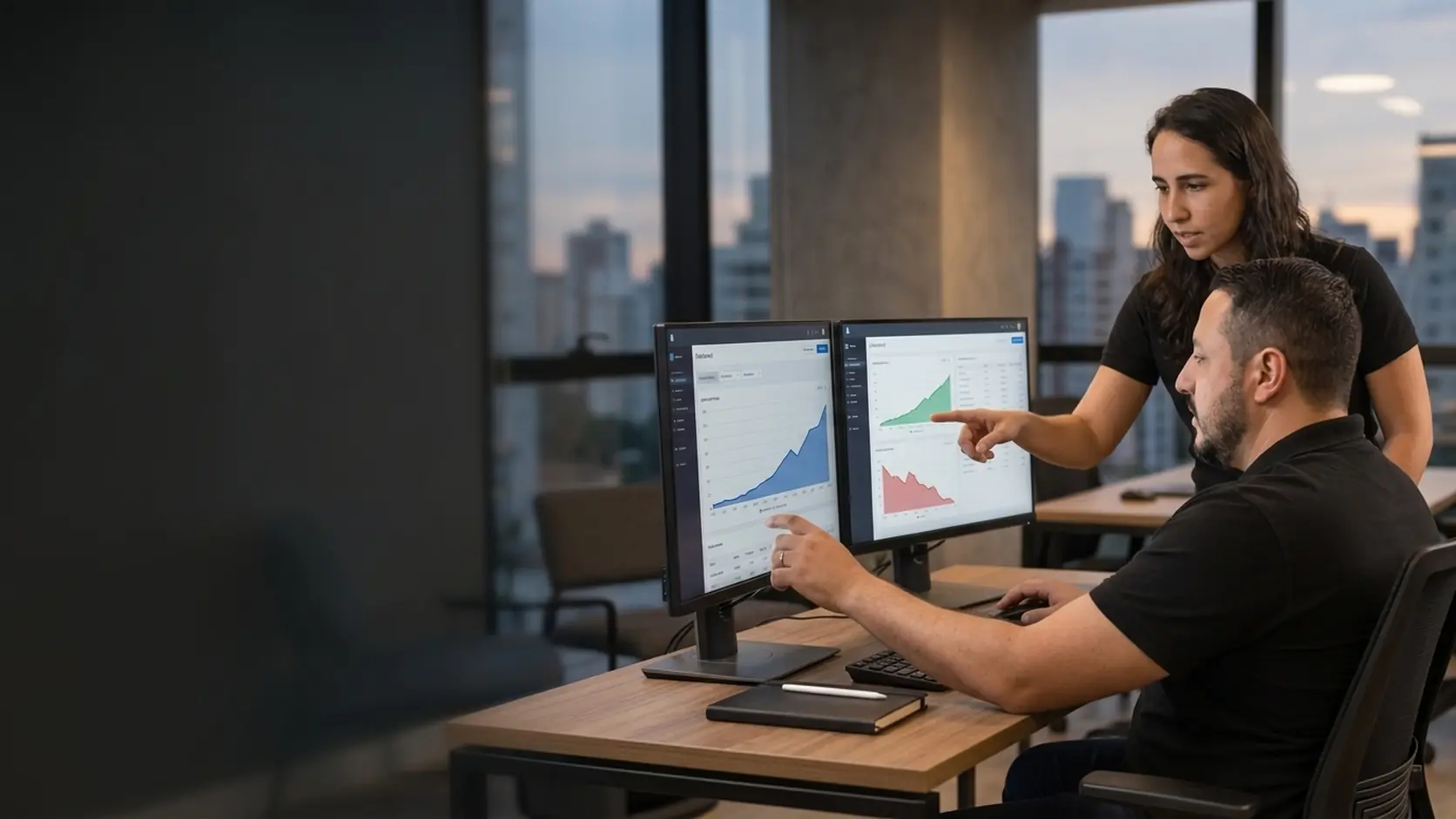 Lari apontando gráficos de campanhas em dois monitores enquanto Léo analisa os números