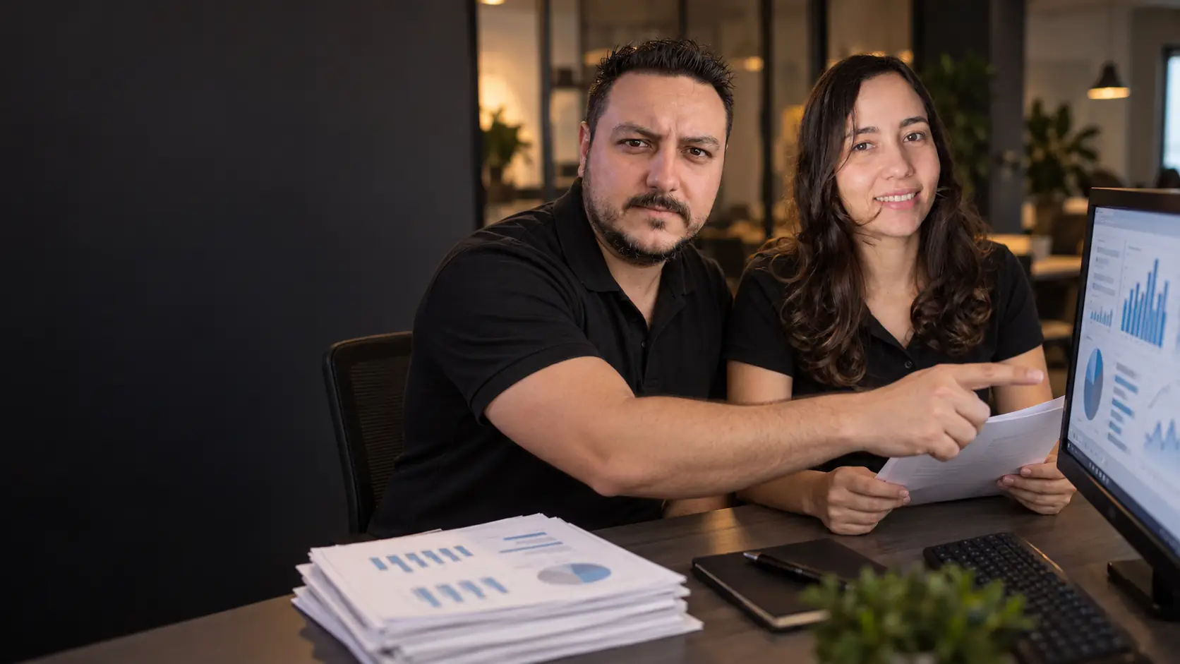 Léo apontando para um monitor com um painel de gráficos enquanto a Lari segura uma folha, ao lado de uma pilha de relatórios impressos