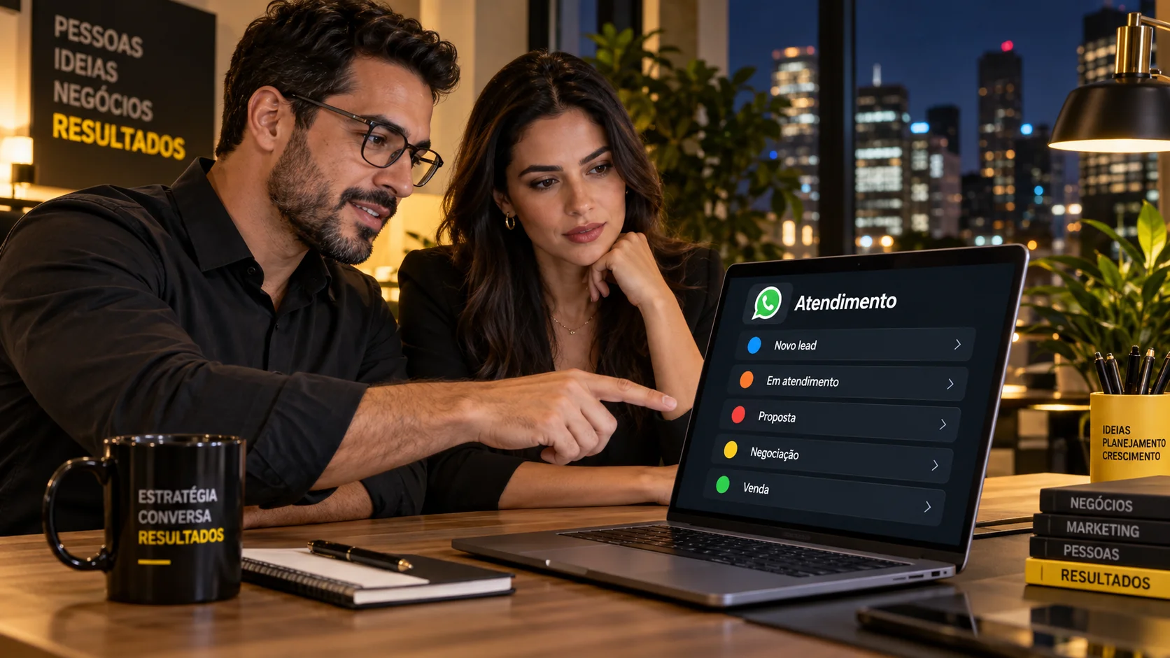 Equipe acompanhando o funil de conversas e negociações em um painel de atendimento