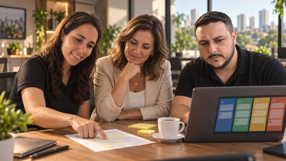Léo e Lari revisando uma lista de leads com a dona de uma empresa, com linhas marcadas em amarelo