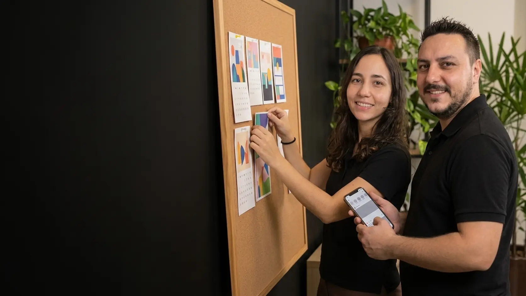 Lari fixando o calendário de conteúdo num mural de cortiça enquanto Léo segura o celular ao lado