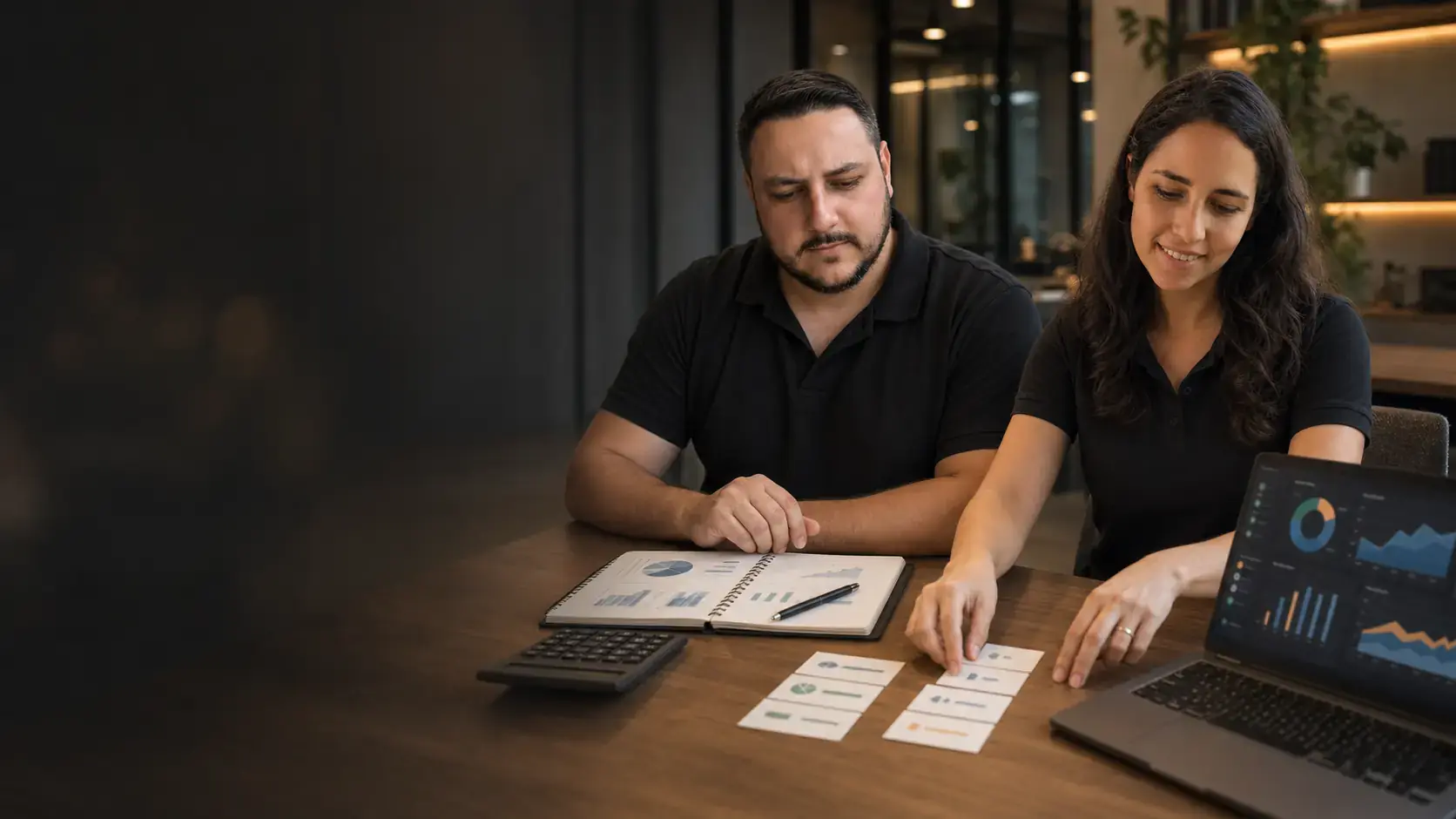 Léo e Lari organizando cartões de planejamento sobre a mesa, com calculadora, caderno com gráficos e um painel de métricas no notebook