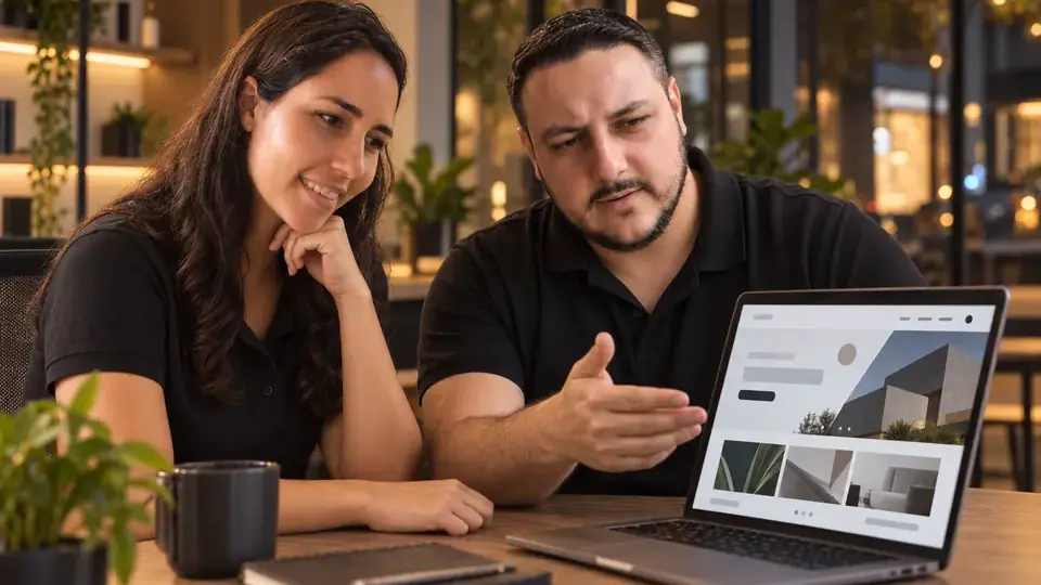Léo e Lari analisando juntos o layout de um site aberto no notebook durante uma reunião de projeto