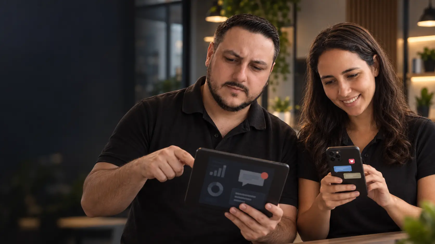Léo mostrando um painel de comentários no tablet enquanto a Lari responde uma mensagem no celular