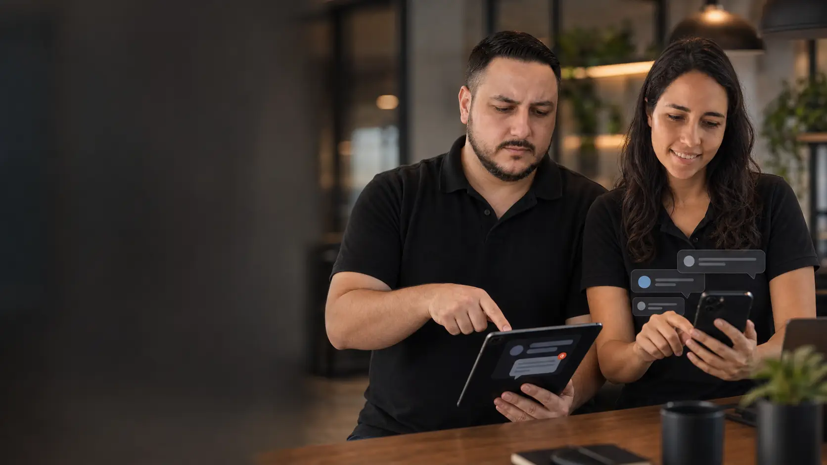 Lari respondendo comentários no celular enquanto Léo aponta uma notificação no tablet