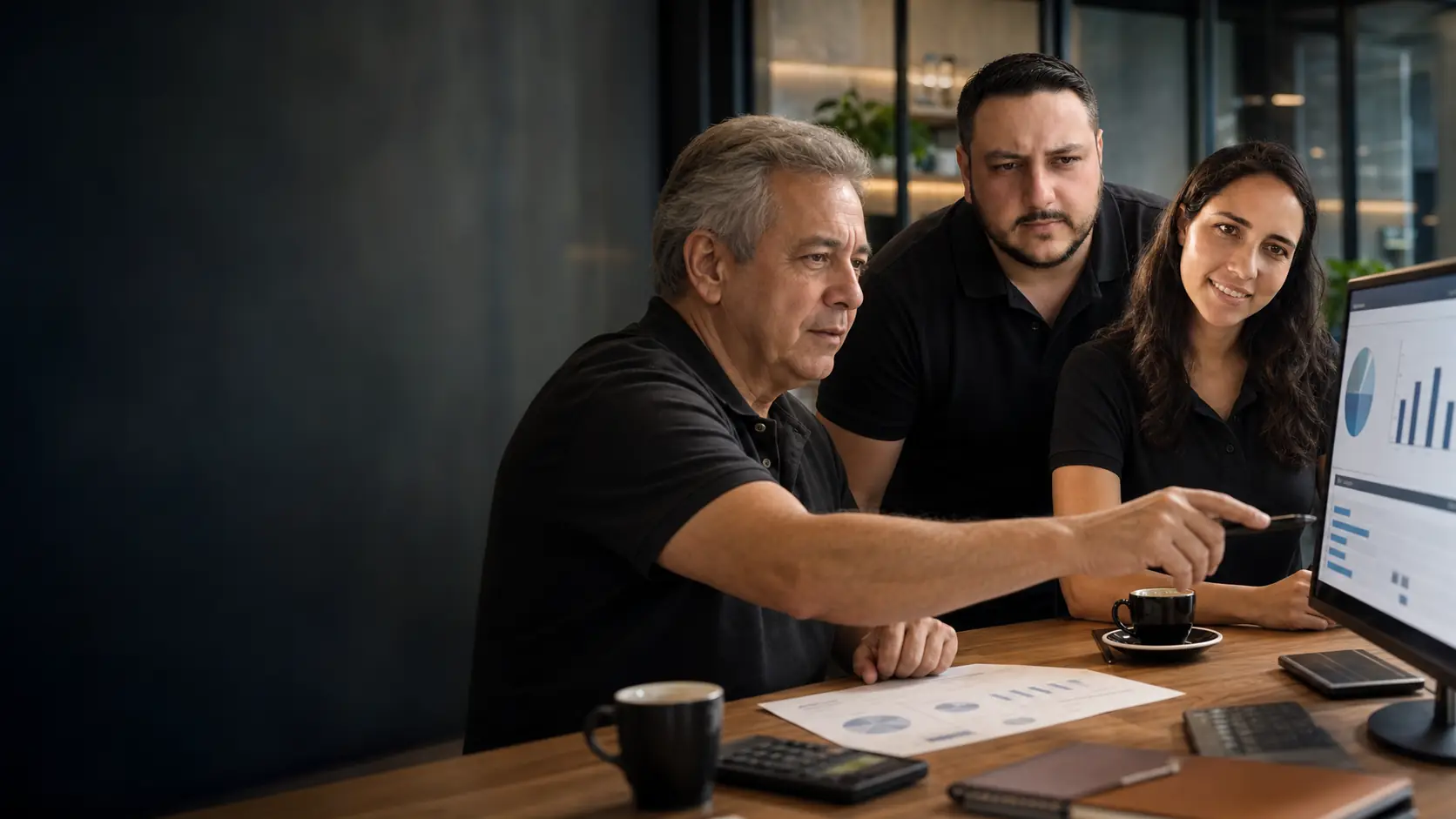 Empresário apontando para gráficos de resultados de marketing no monitor enquanto Léo e Lari acompanham