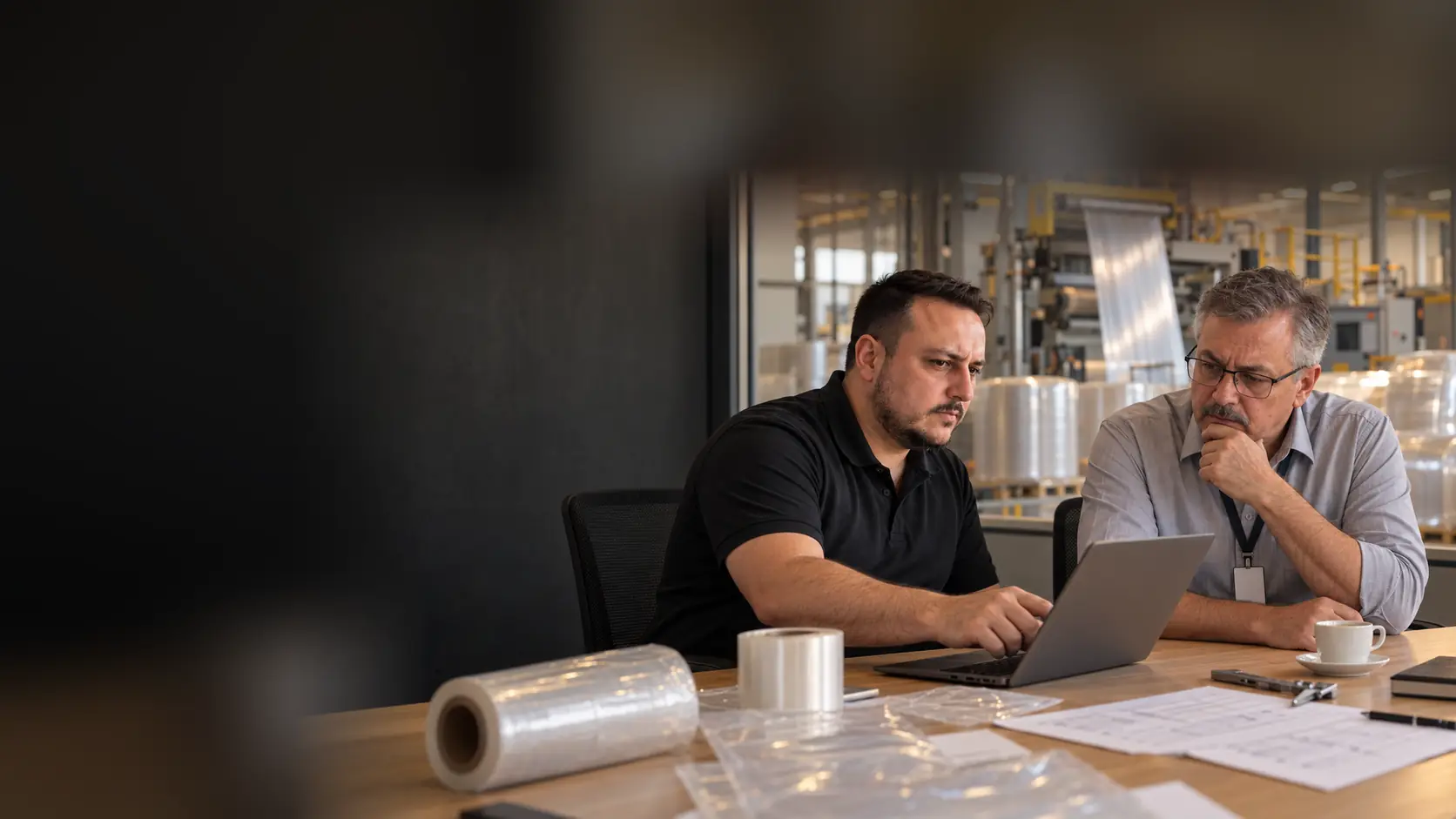 Léo Arnoldi analisa no notebook, com o diretor comercial de uma fábrica de embalagens plásticas, como a empresa aparece no Google