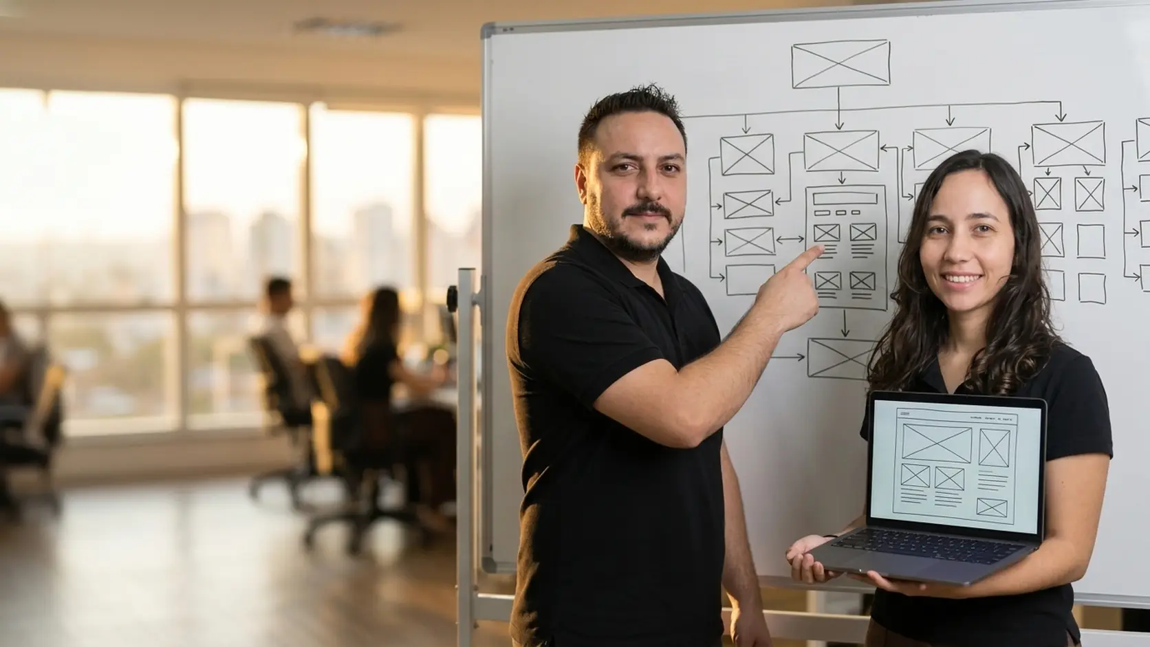 Léo apontando o fluxo de páginas desenhado no quadro branco enquanto a Lari segura o notebook com o esboço de uma página