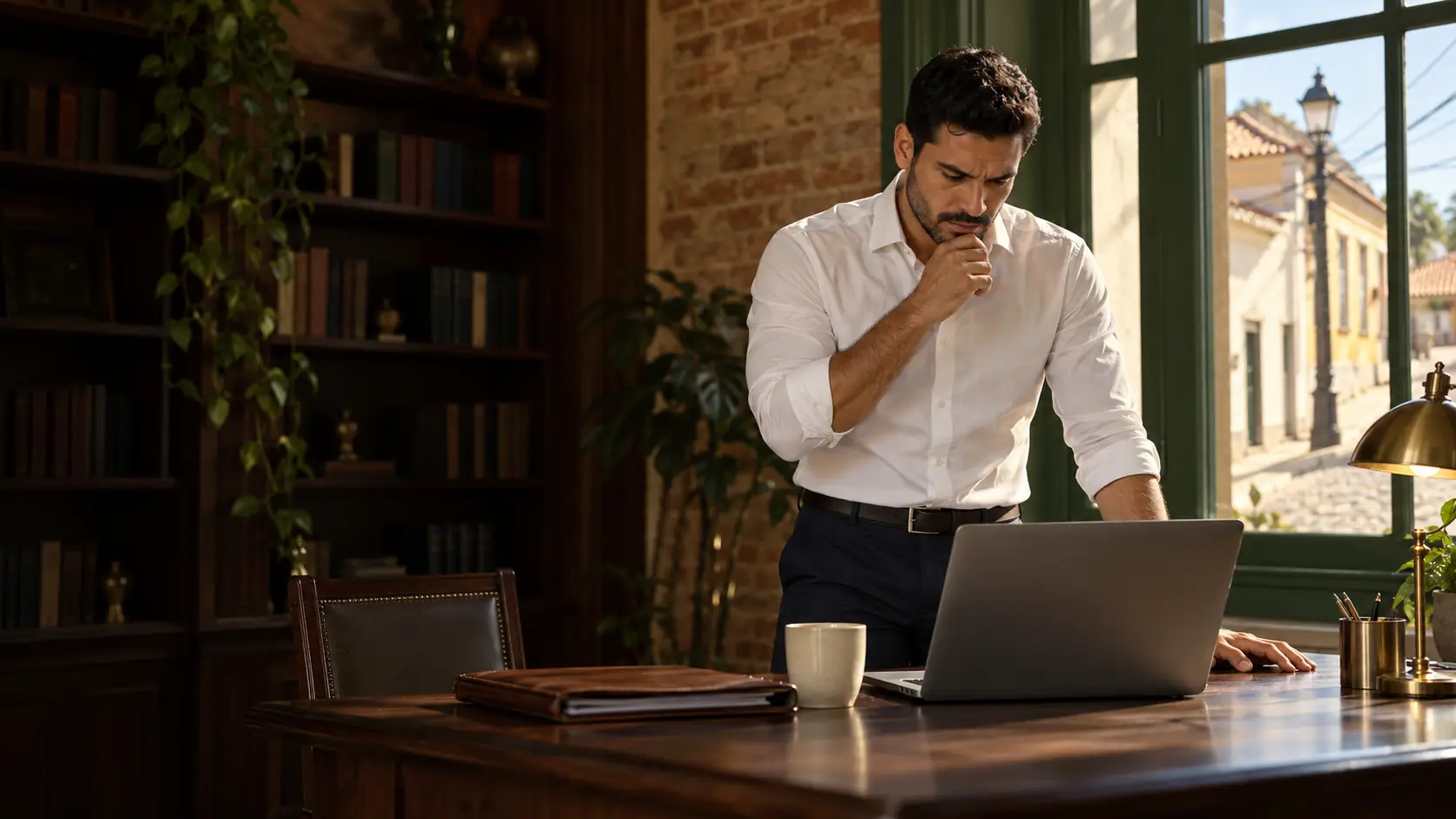 Advogado de camisa branca revisa algo no notebook em escritório com estante de livros, parede de tijolos e rua de casario antigo pela janela