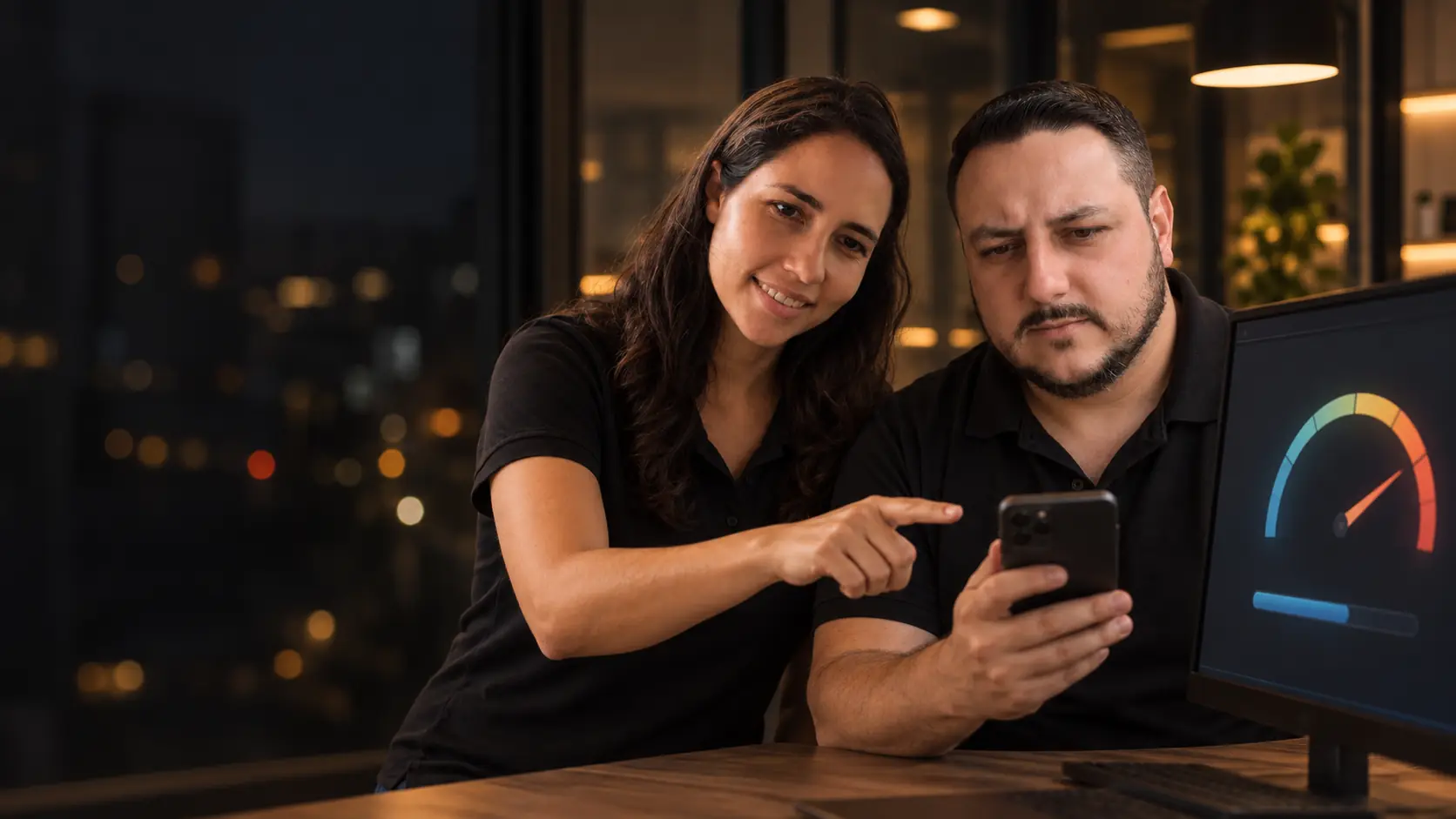Lari apontando para o celular que o Léo segura, ao lado de um monitor com um medidor de velocidade