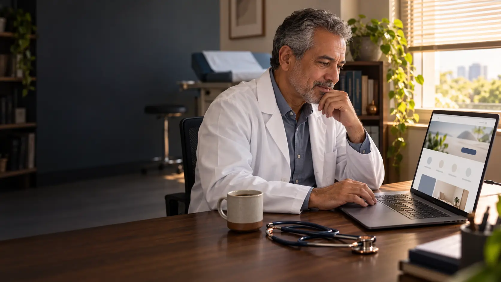Médico de jaleco analisa no notebook a página inicial do site do consultório, com estetoscópio na mesa e maca ao fundo