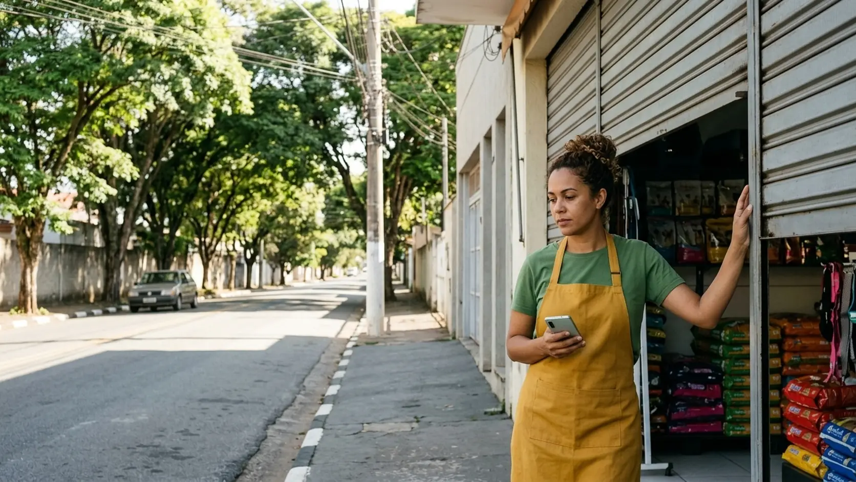 Dona de pet shop de avental mostarda abre a porta de enrolar da loja pela manhã segurando o celular, em rua arborizada de bairro