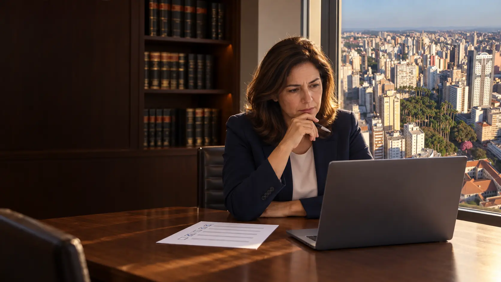 Advogada sócia de escritório pensativa diante do notebook, com lista de checagem na mesa, estante de códigos e vista do centro de Campinas pela janela