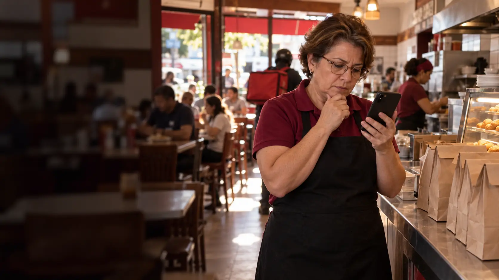 Dona de lanchonete de avental olha o celular no horário de almoço, com salão cheio, entregador de mochila e sacolas de delivery no balcão