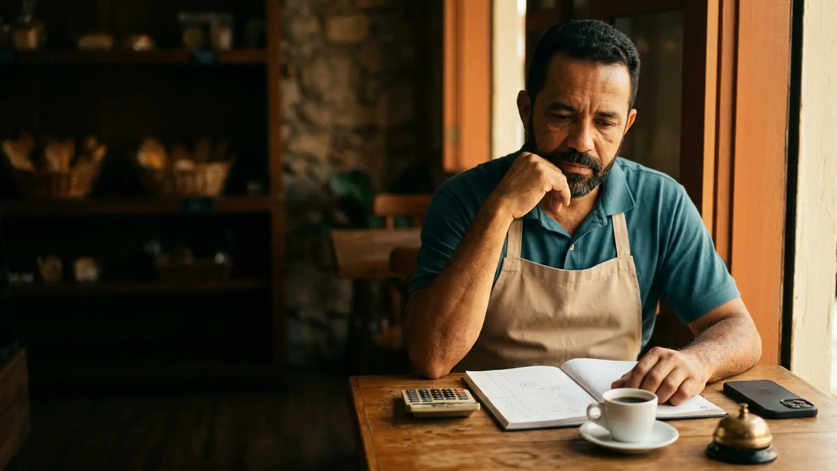Dono de padaria de bairro, de avental, pensativo diante de um caderno de contas com calculadora, café e celular virado para baixo na mesa