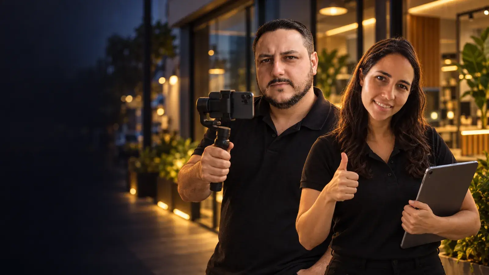 Léo segurando um celular preso a um gimbal de mão e a Lari com um tablet, prontos para gravar na frente de uma loja à noite