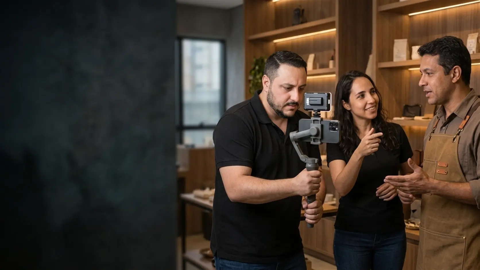 Léo gravando um vídeo com celular e gimbal dentro de uma loja enquanto a Lari conversa com o dono