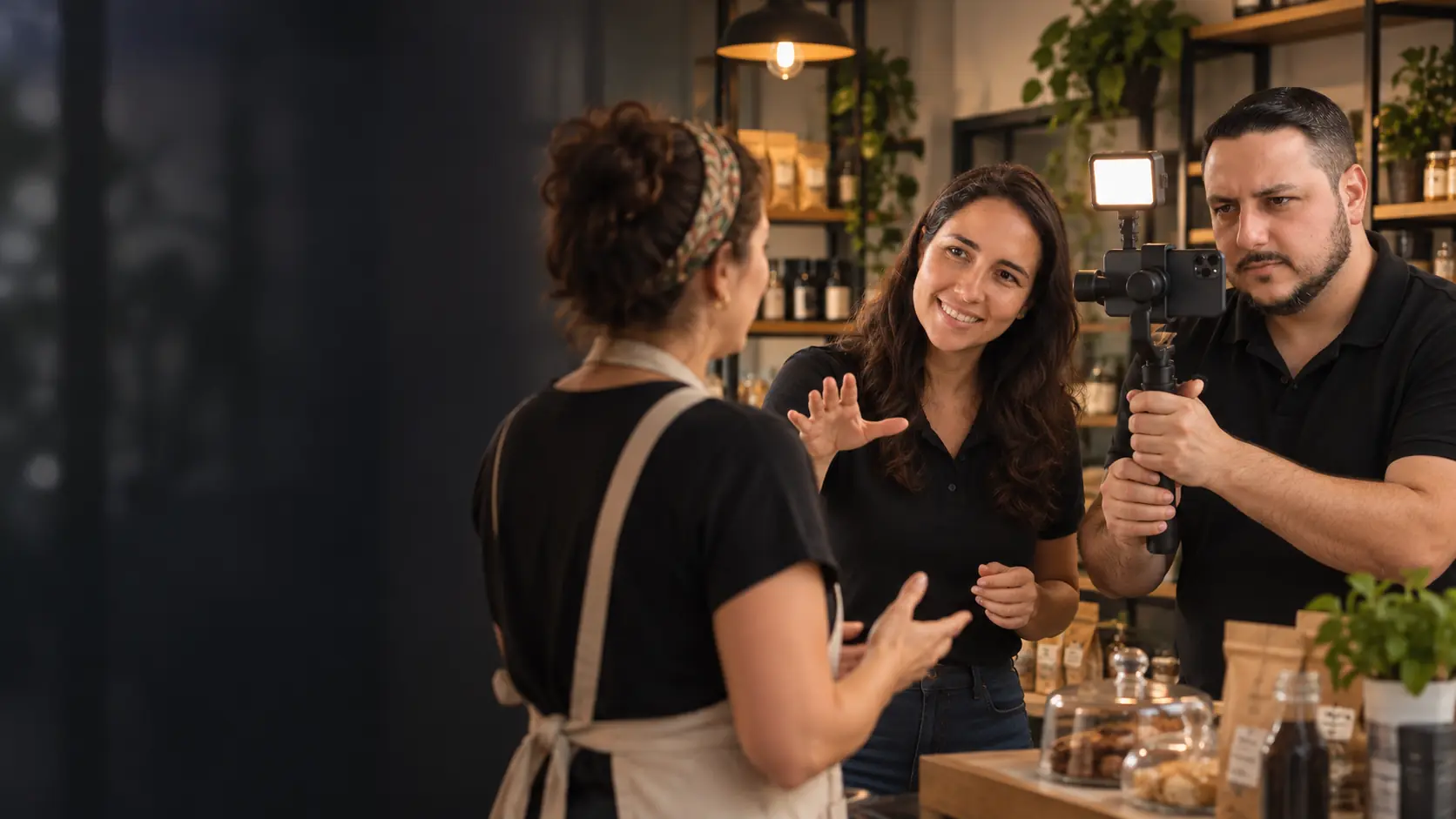 Léo filmando com um celular em estabilizador e luz de led enquanto Lari conversa com uma comerciante de avental numa loja de produtos artesanais