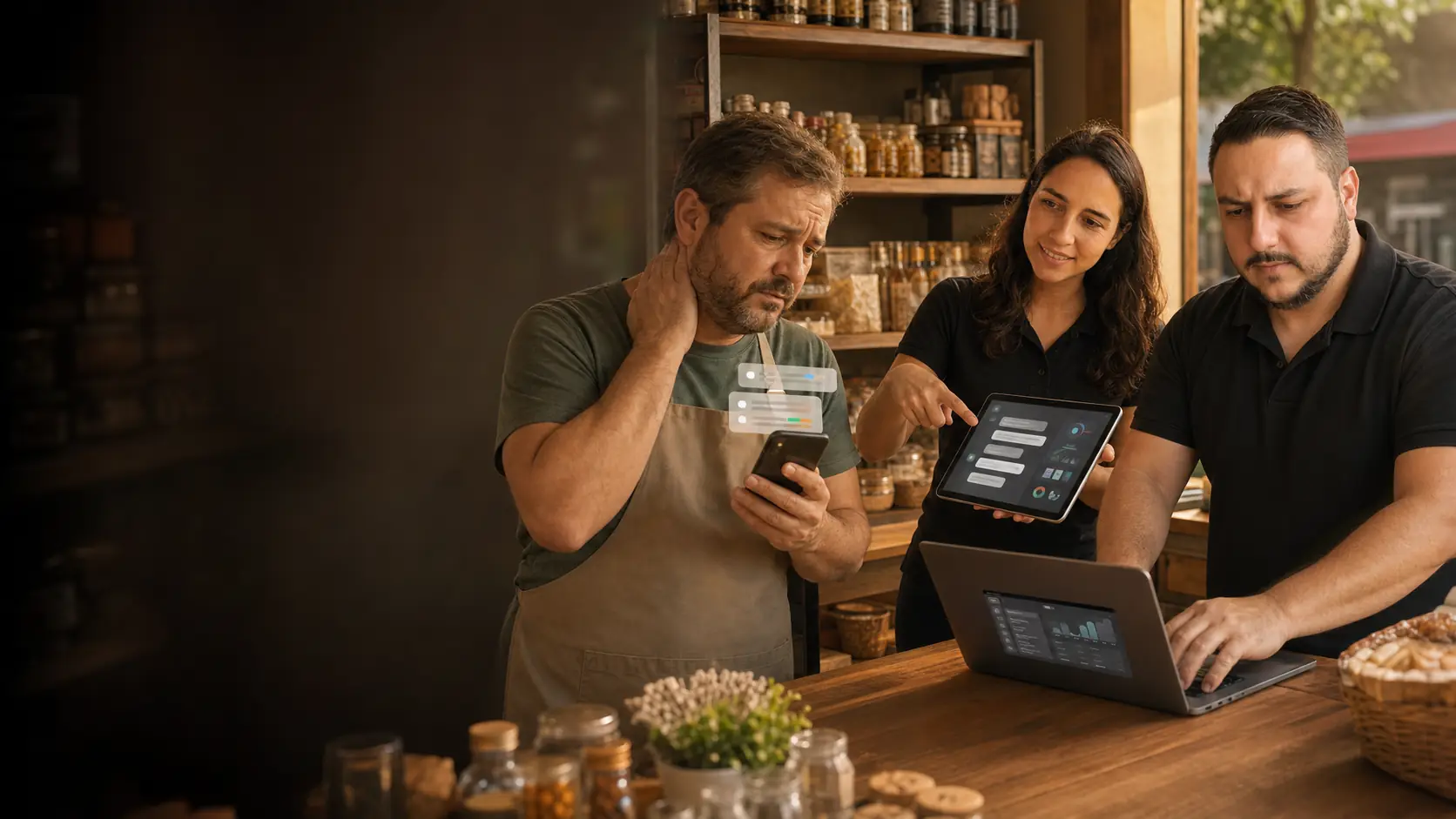 Léo e Lari mostram um painel de atendimento no tablet e no notebook a um dono de mercearia que confere mensagens no celular