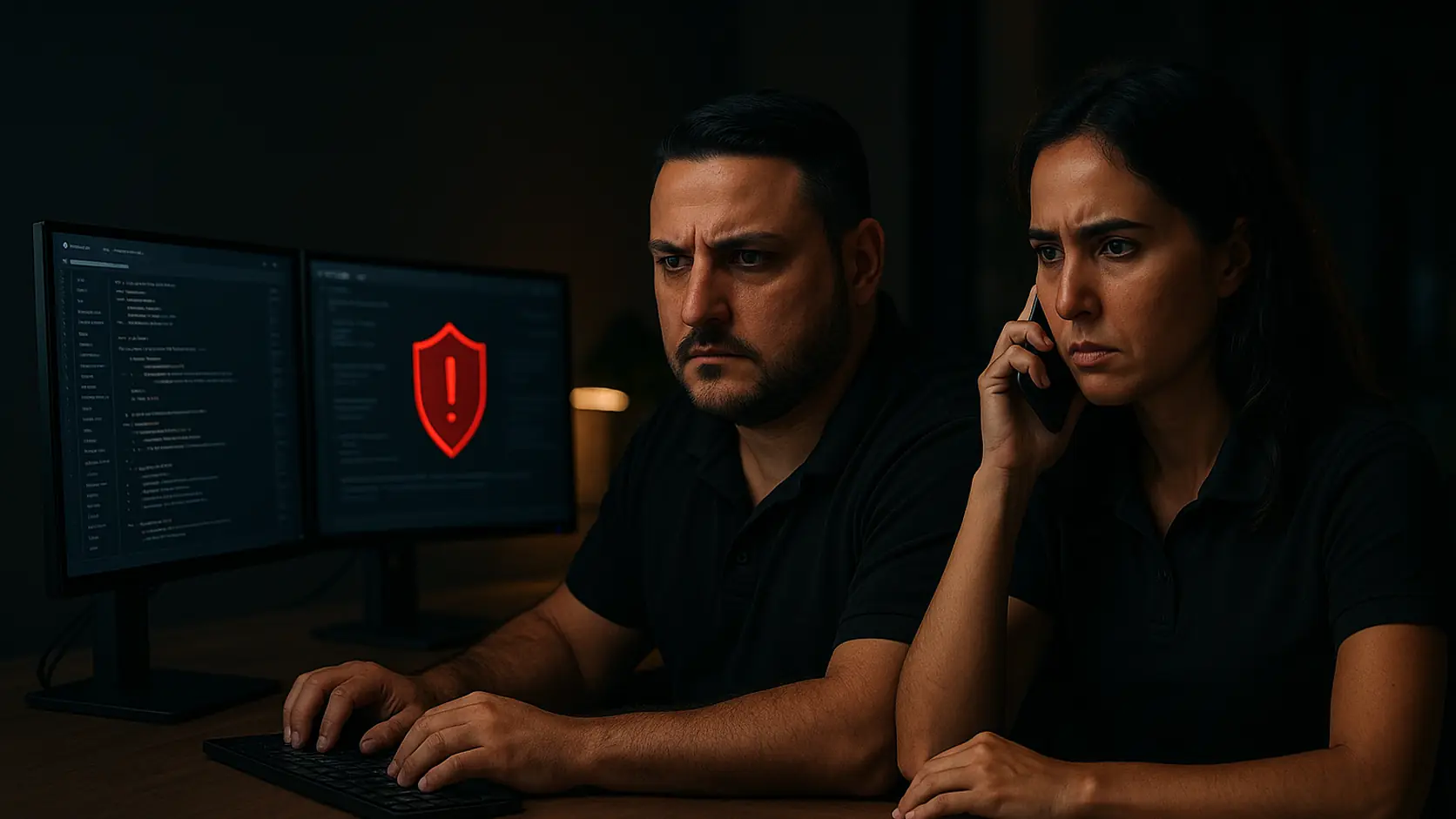 Léo analisando código e um alerta de segurança em dois monitores à noite enquanto a Lari fala ao telefone
