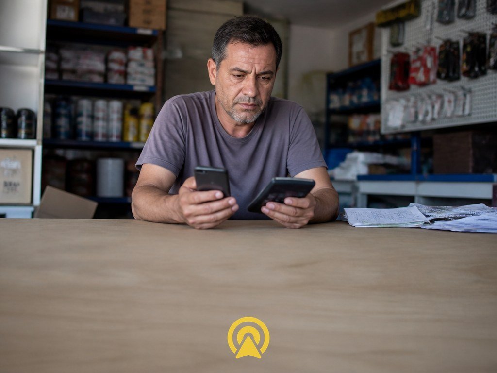 Dono de loja de materiais preocupado calculando custos no celular e na calculadora, representando o custo de nao automatizar o atendimento