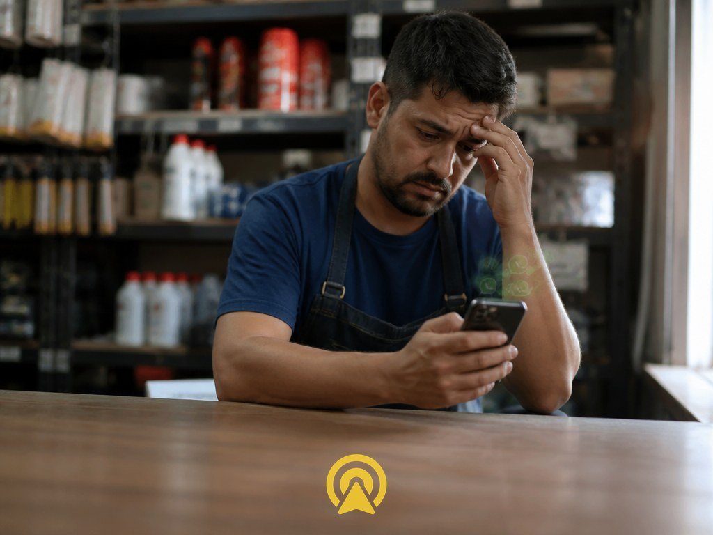 Atendente de loja cansado segurando o celular com notificacoes de WhatsApp, esfregando a testa no balcao de uma loja pequena