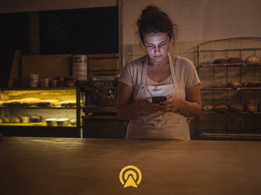 Dona de padaria cansada checando o celular de madrugada, representando mensagens acumuladas fora do horario comercial