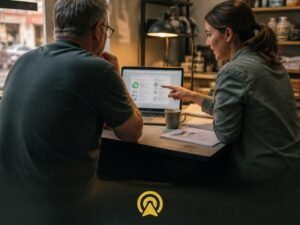Consultora e dono de pequena empresa configurando juntos o atendimento automatizado no WhatsApp durante a implantacao