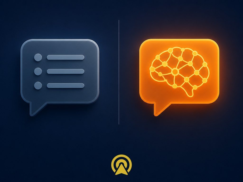 Comparação visual entre ícone de chatbot tradicional com menu fixo e ícone de agente de IA com rede neural, representando a diferença de inteligência no atendimento