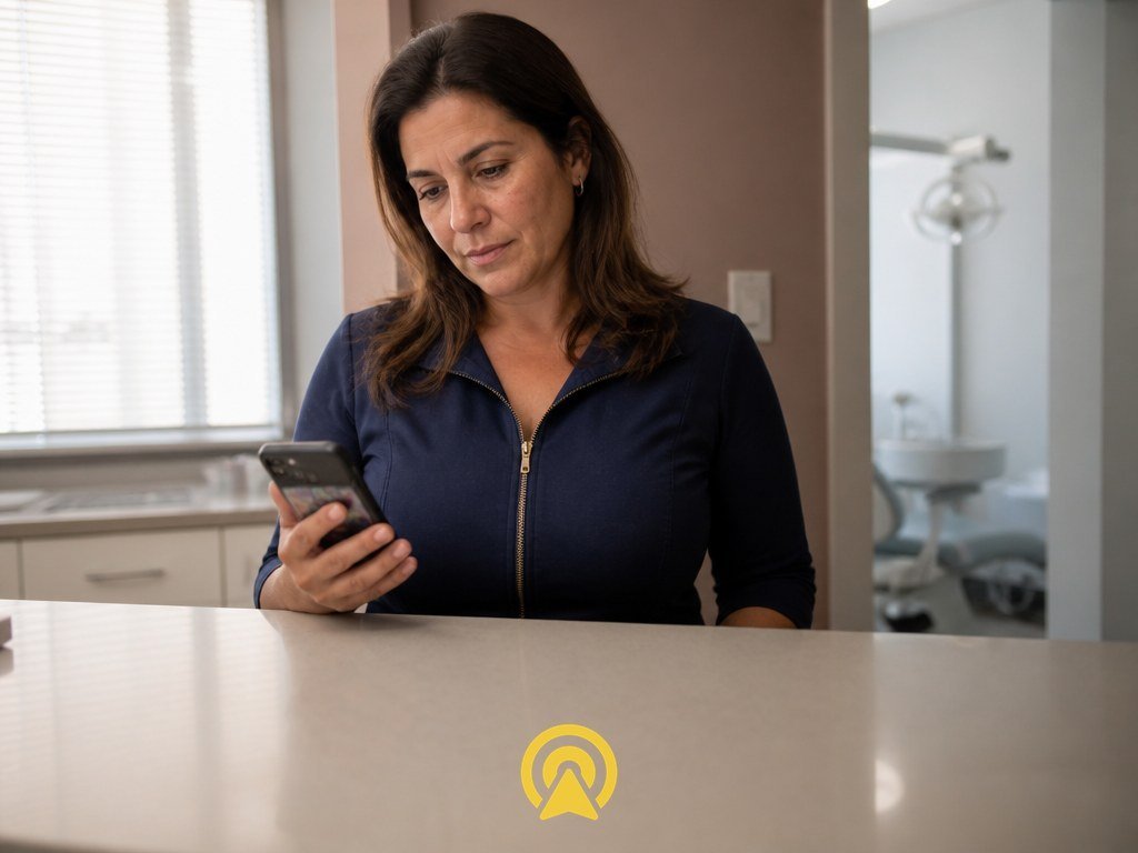 Empresária olhando para o celular pensando se deve contratar mais um atendente para o WhatsApp