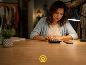 Dona de boutique fazendo contas na calculadora ao lado do celular, representando o custo mensal de mensagens sem resposta
