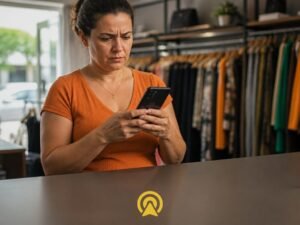 Dona de pequena loja olhando preocupada para o celular com mensagens de WhatsApp acumuladas, representando leads esquecidos apos o primeiro contato
