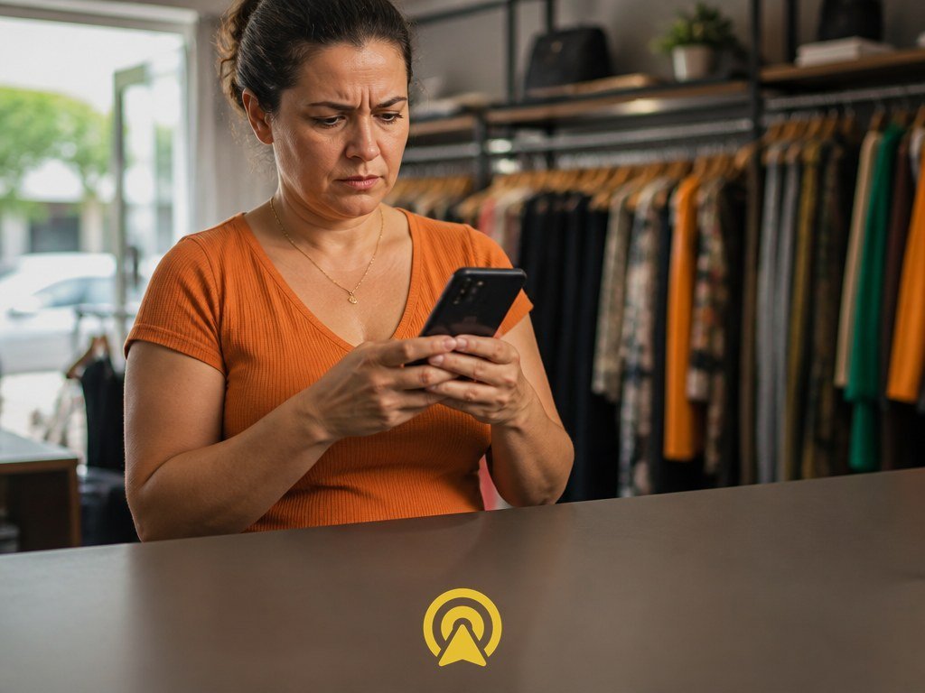 Dona de pequena loja olhando preocupada para o celular com mensagens de WhatsApp acumuladas, representando leads esquecidos apos o primeiro contato