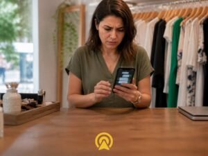 Empreendedora de PME olhando o celular frustrada com mensagens de leads acumuladas no WhatsApp