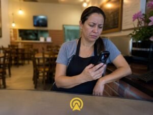 Dona de pequeno restaurante olhando telefone com ligação perdida de cliente