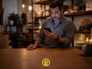 Dono de pequena loja olhando o celular com expressao de surpresa, representando GEO e busca por IA
