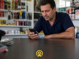 Empresario lendo no celular uma mensagem de cliente que traz uma excecao ou ressalva