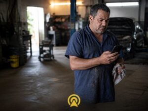 Dono de oficina mecanica olhando o celular com expressao preocupada dentro da sua oficina