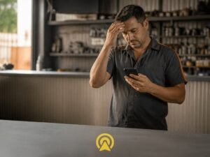 Dono de pequena loja de autopecas olhando frustrado para o celular apos perder um cliente que foi atendido pelo concorrente primeiro