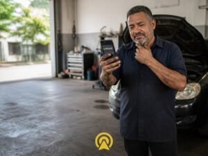 Dono de oficina mecanica olhando celular com avaliacoes de 5 estrelas, representando reputacao versus velocidade de venda
