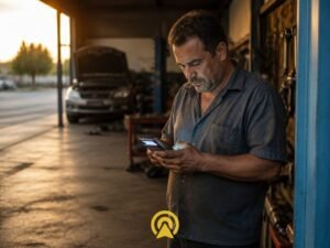 Dono de pequena oficina olhando celular com muitas mensagens de WhatsApp não respondidas