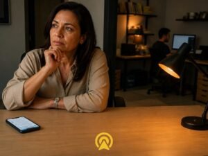 Dona de pequena empresa pensativa em sua mesa avaliando se a automacao com IA vai substituir sua equipe