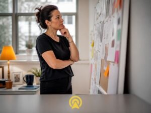 Mulher pensativa em pequeno escritório olhando para um quadro, representando marketing que acompanha o lead do começo ao fim, não apenas um chatbot isolado